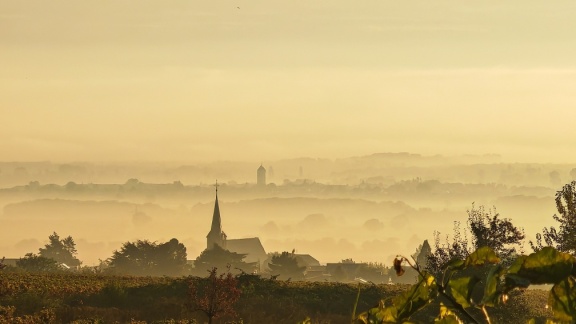 Neustadt a.d.W., Blick in die Rheinebene kurz nach Sonnenaufgang